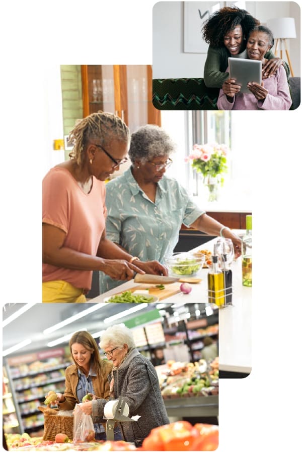 Three images stacked on top of each other. On the top are two women looking at a tablet. In the middle are two women cooking, and on the bottom there are two women shopping.